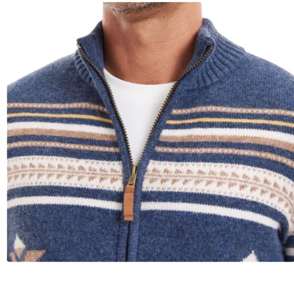 Frye Mens Mock Neck Cardigan Navy Beige Full Zip Southwest Heavyweight - Picture 4 of 8